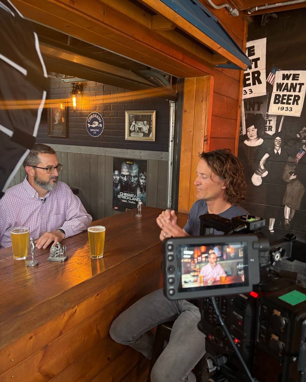 Interview filmed at a bar counter in Coronado